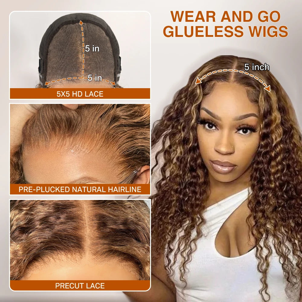 Honey Blonde Deep Wave Glueless Wigs