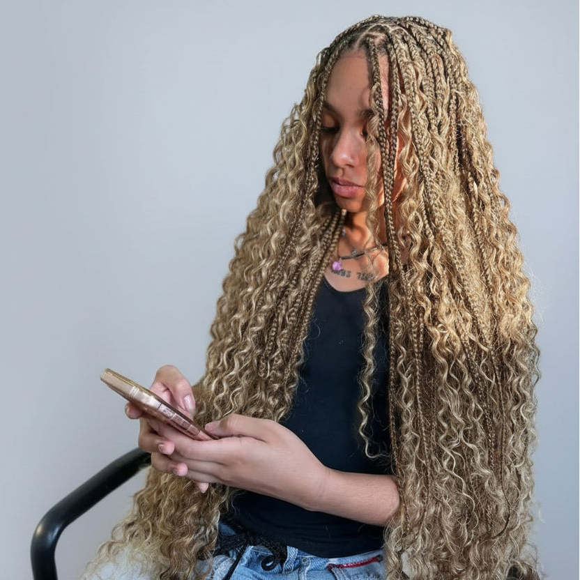 Person with long blonde braided hair using a phone against a plain background