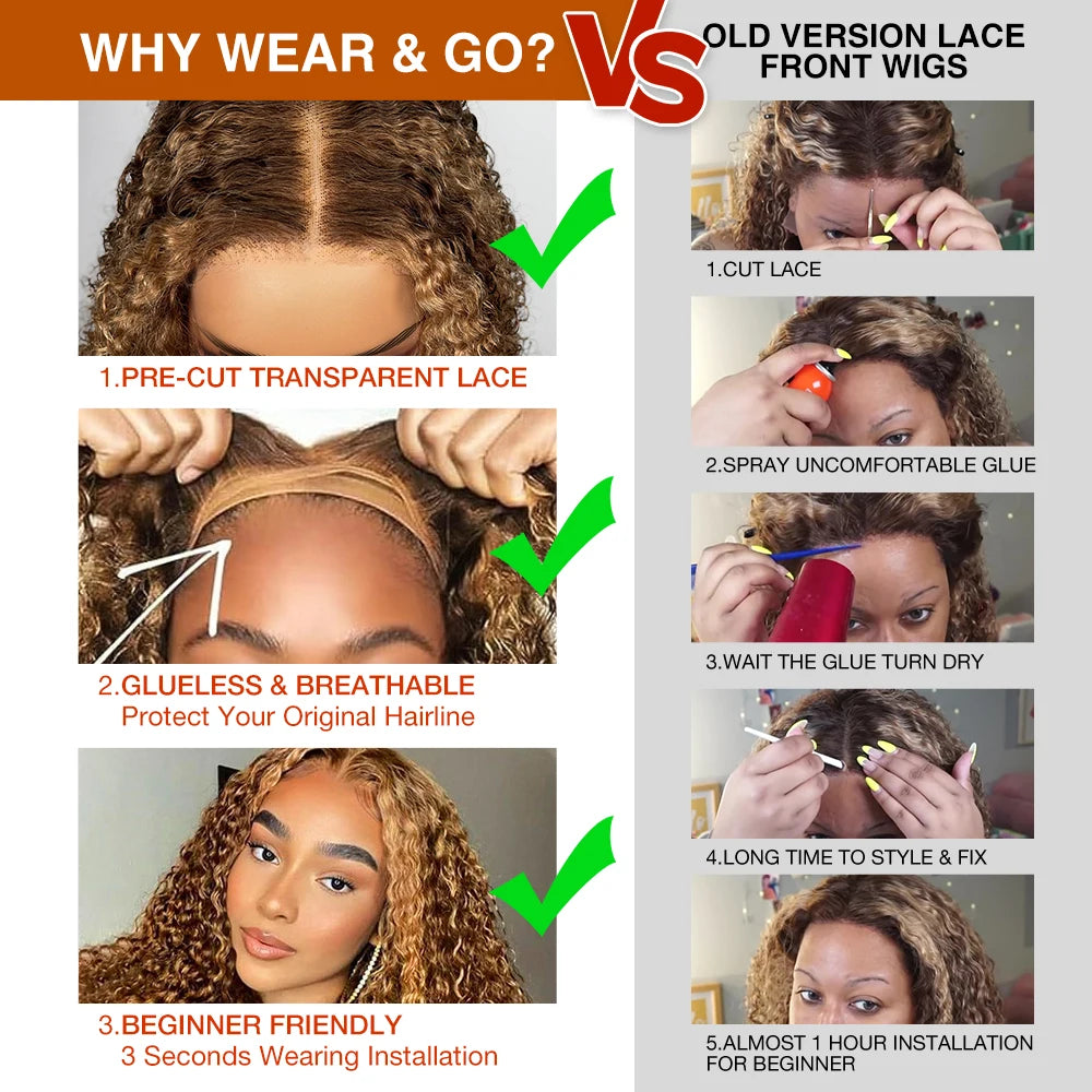 Honey Blonde Deep Wave Glueless Wigs