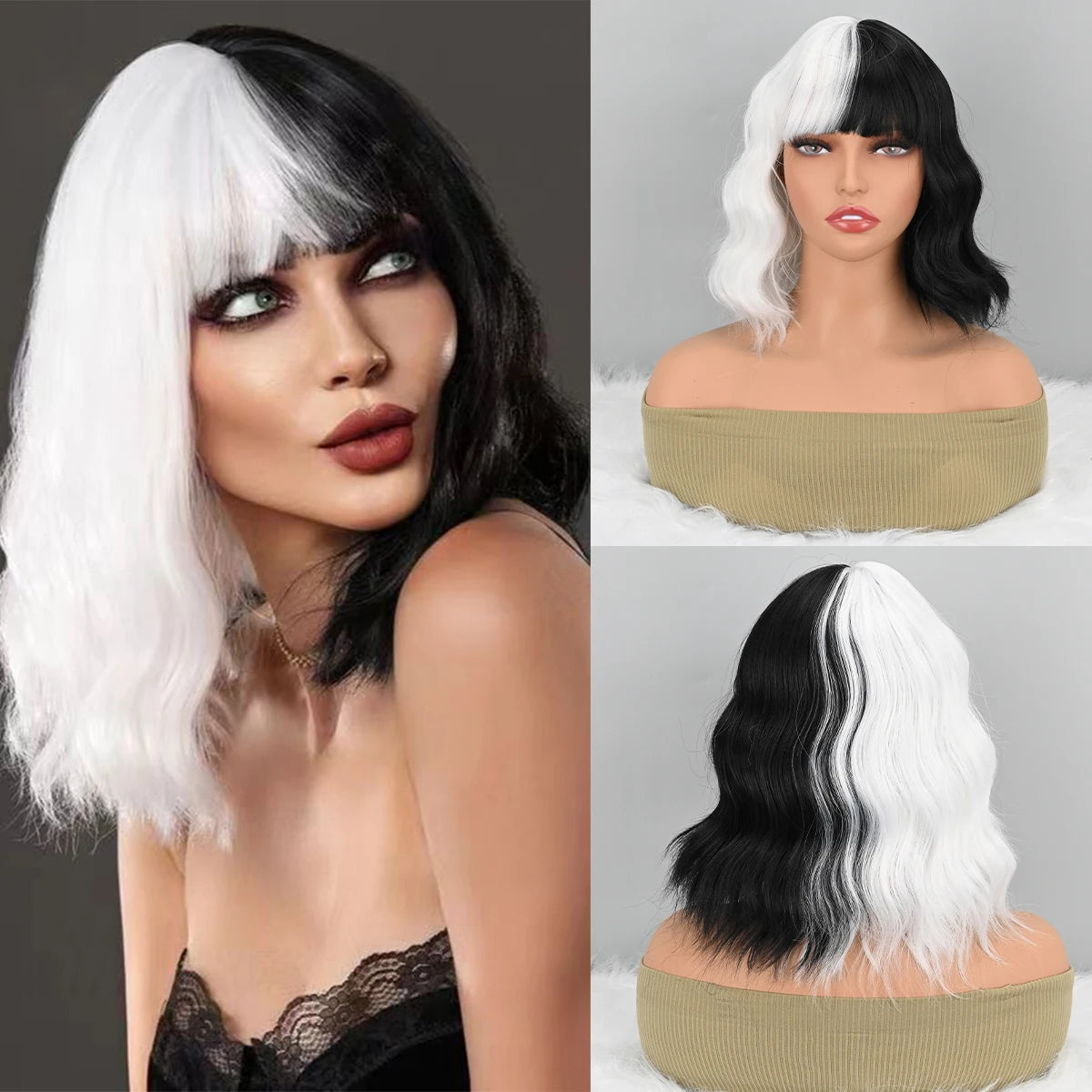 Short Wavy Shoulder Length Wig (Black and White)