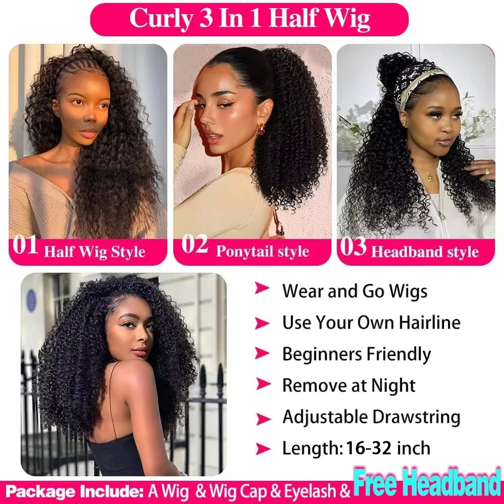 3 in 1 HD Kinky Curly Half Wig